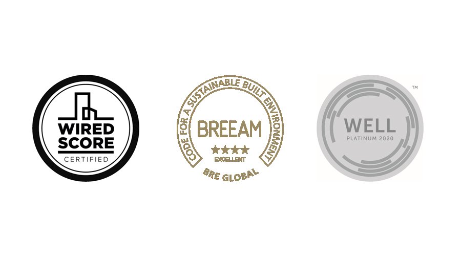 WiredScore Certified, BREEAM Excellent, WELL Platinum